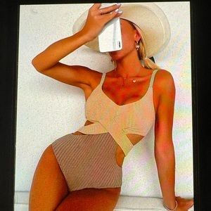 New - 1 piece beige crisscross high cut swimsuit with front cut out